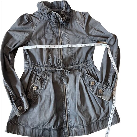 H&M Grey Distressed Ruffle Collar Pleated Cotton Casual Zip Spring Jacket Coat 6 - Picture 5 of 8